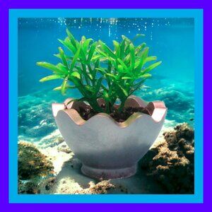 Aquarium Decoration - Silver Wavy Pot with Small Green Plant.
